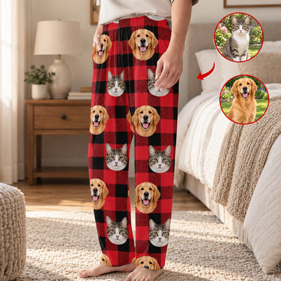 Custom photo pet buffalo check pajama pants with golden retriever and tabby cat faces, worn in a bedroom with bare feet