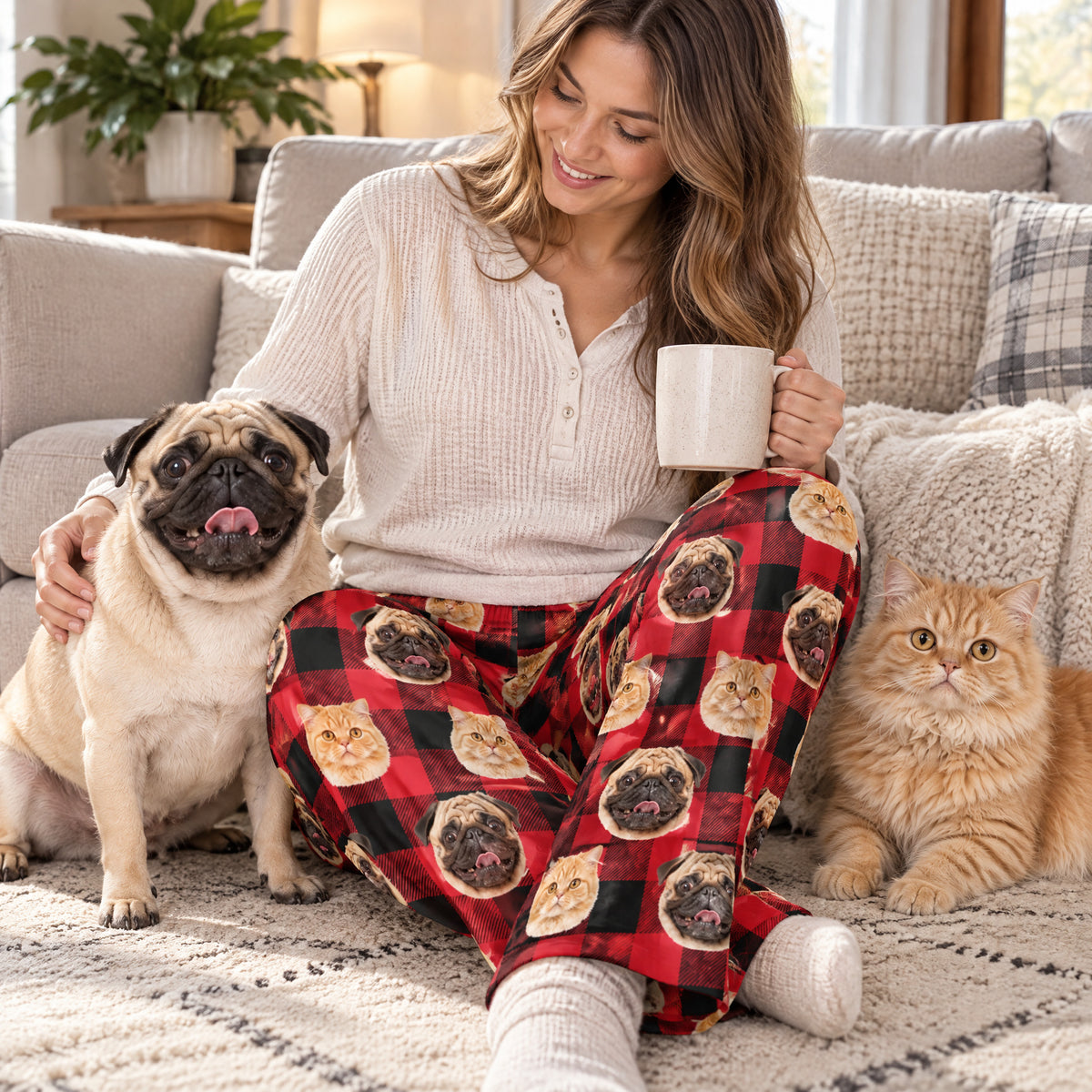 Custom photo pet buffalo check pajama pants on a smiling woman holding a mug, seated with a pug and an orange cat