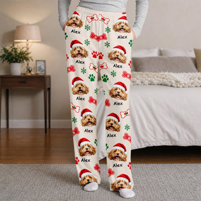 Custom Pet Bone and Paw Print Christmas - Personalized Pajama Pants, Gift for Pet Lovers