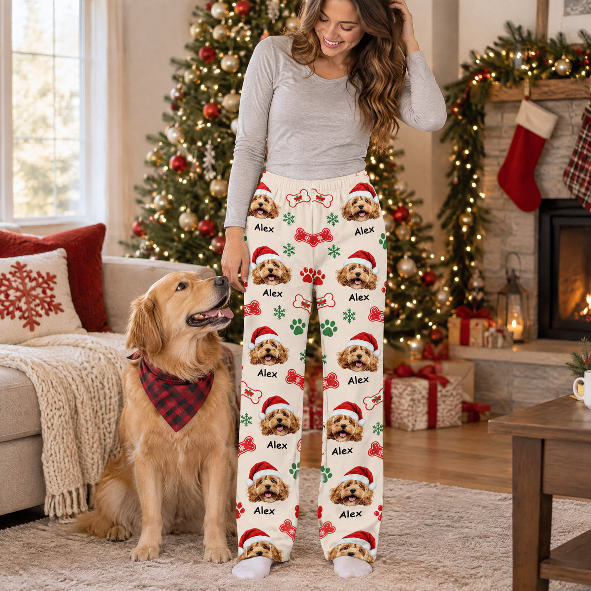 Custom Pet Bone and Paw Print Christmas - Personalized Pajama Pants, Gift for Pet Lovers
