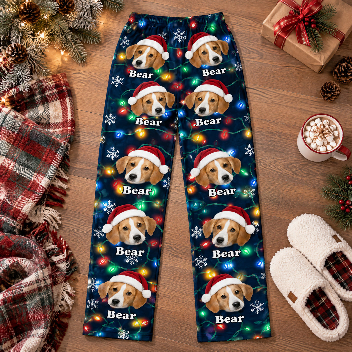 Custom Pet Tangled in Christmas Lights - Personalized Pajama Pants, Gift for Pet Lovers