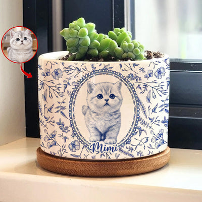 Cute Pet Blue Toile De Jouy Photo - Personalized Plant Pot, Gift For Pet Lovers, Custom pet Portrait From Photo
