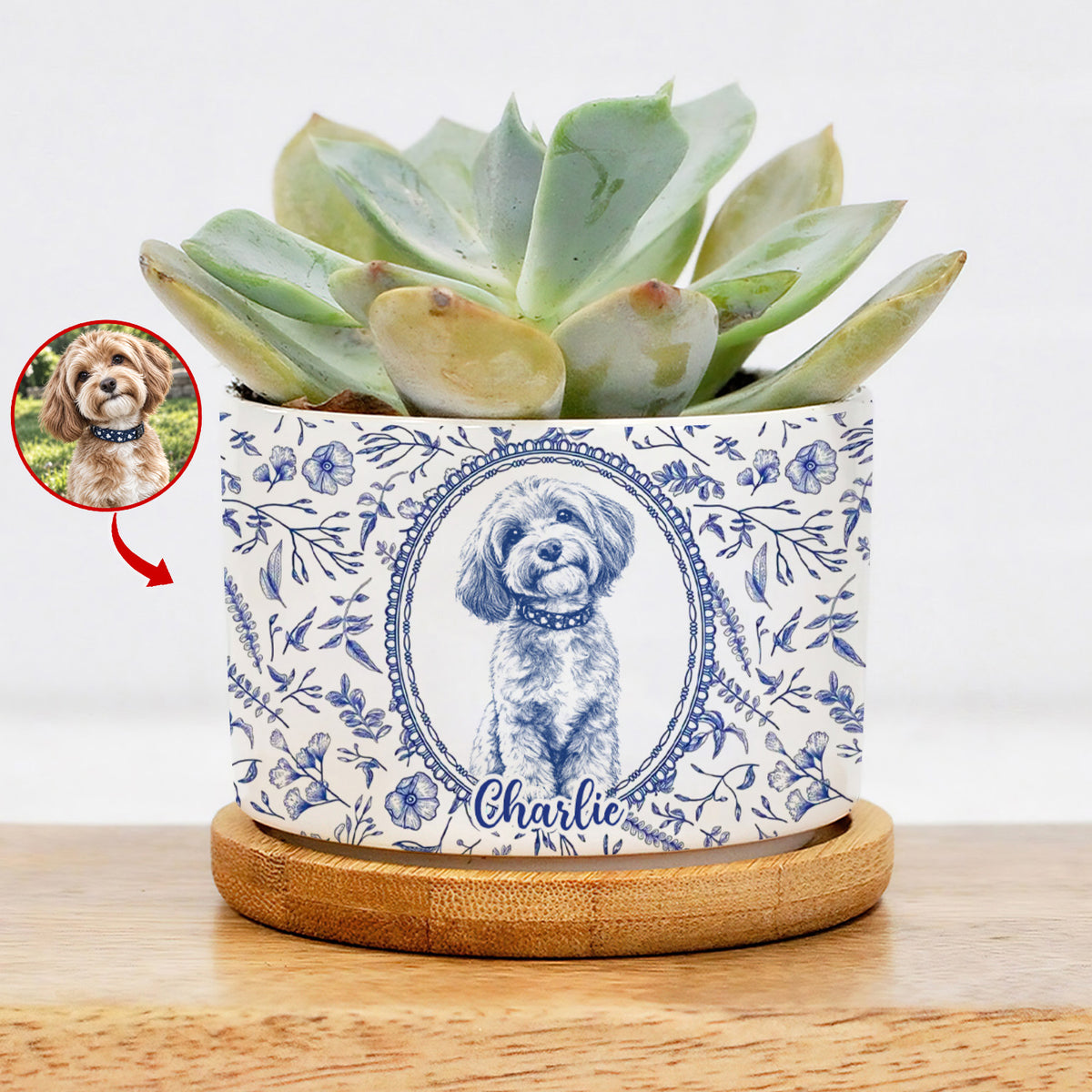 Cute Pet Blue Toile De Jouy Photo - Personalized Plant Pot, Gift For Pet Lovers, Custom pet Portrait From Photo