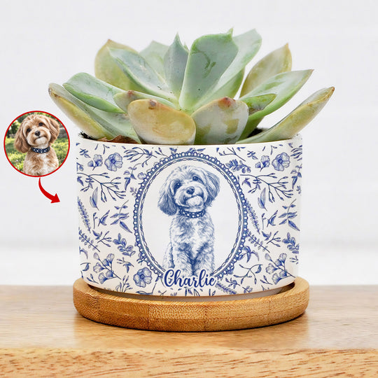 Cute Pet Blue Toile De Jouy Photo - Personalized Plant Pot, Gift For Pet Lovers, Custom pet Portrait From Photo