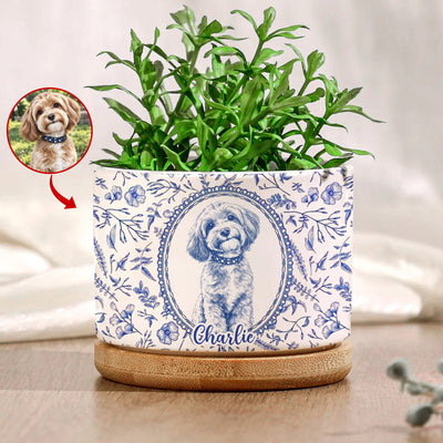 Cute Pet Blue Toile De Jouy Photo - Personalized Plant Pot, Gift For Pet Lovers, Custom pet Portrait From Photo
