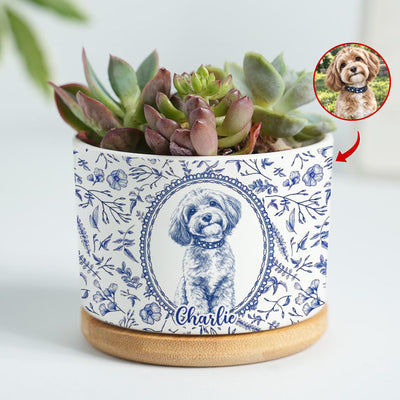Cute Pet Blue Toile De Jouy Photo - Personalized Plant Pot, Gift For Pet Lovers, Custom pet Portrait From Photo