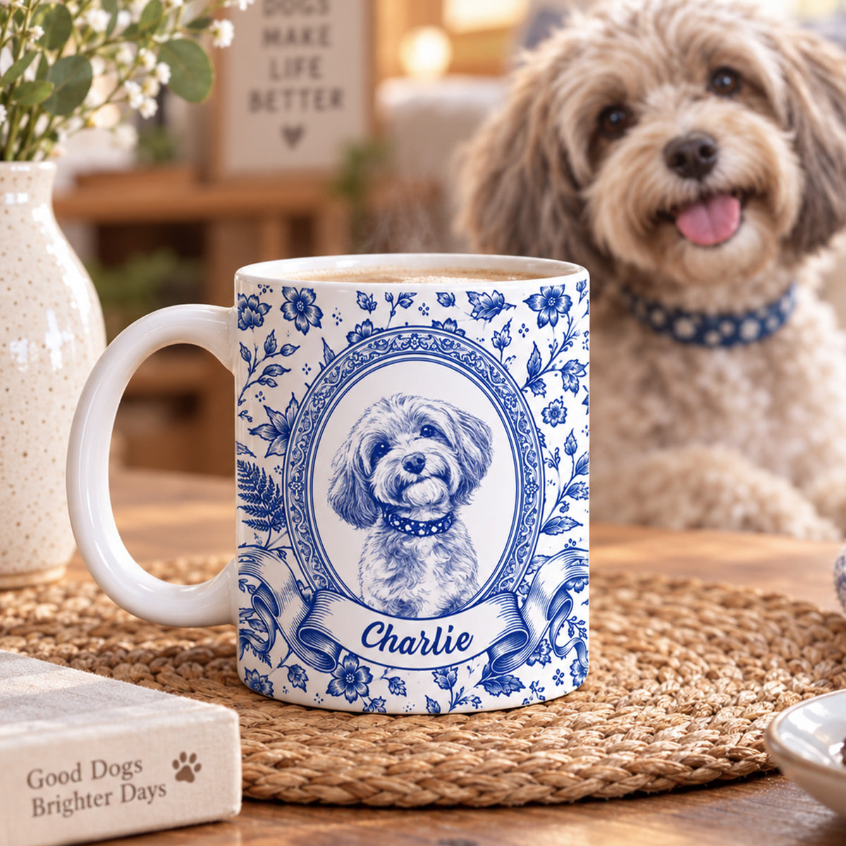 My Friend Has Four Paws - Personalized Mug, Blue Toile Pet Gift With Custom Portrait From Photo