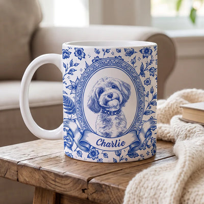 My Friend Has Four Paws - Personalized Mug, Blue Toile Pet Gift With Custom Portrait From Photo