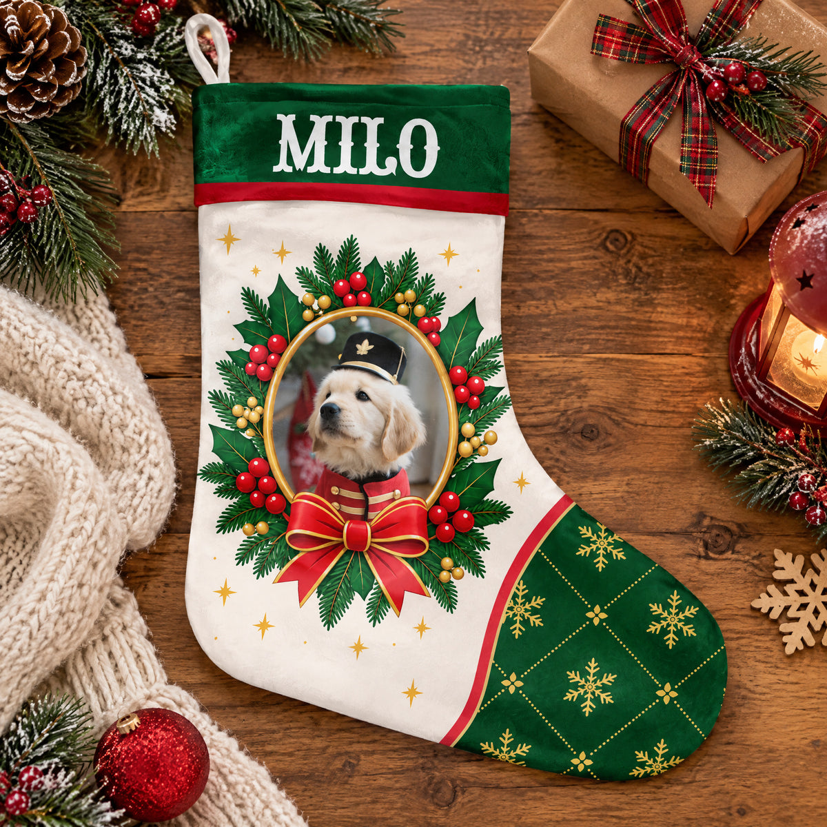 Folk Art Pet Wreath, Personalized Christmas Stocking, Custom Name And Photo, Christmas Gift For Dog Owner
