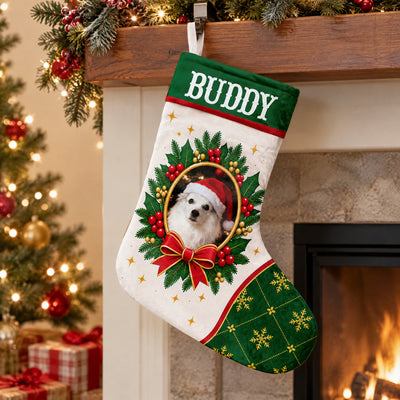 Folk Art Pet Wreath, Personalized Christmas Stocking, Custom Name And Photo, Christmas Gift For Dog Owner