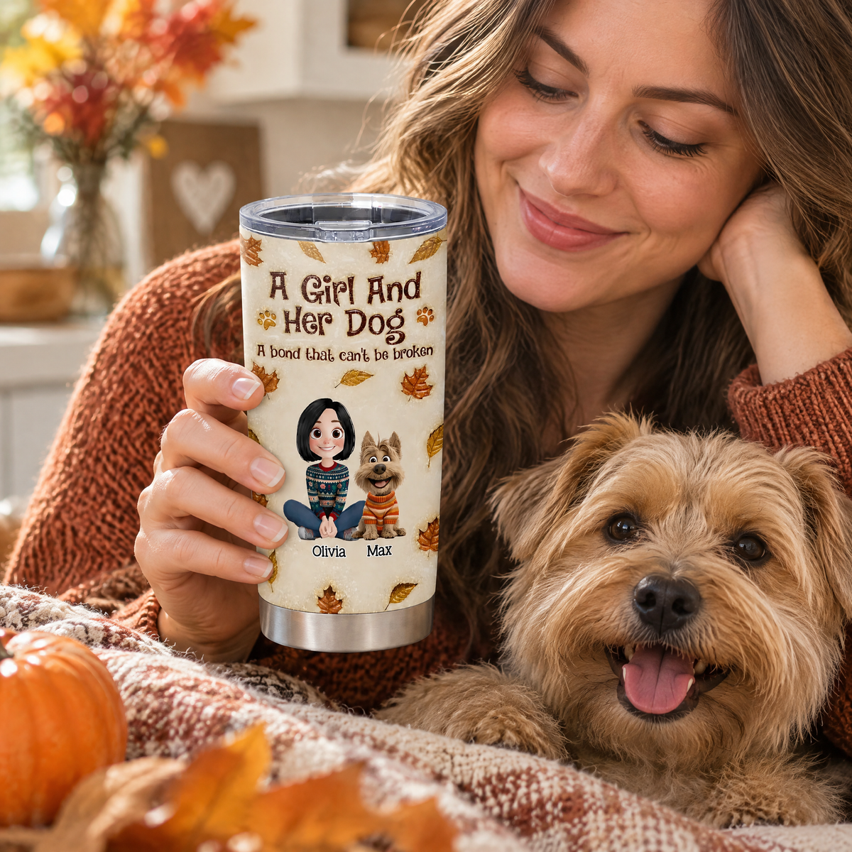A Girl And Her Dog Autumn - Personalized Tumbler, Gift For Her, Dog Mom Tumbler, Fall Gift