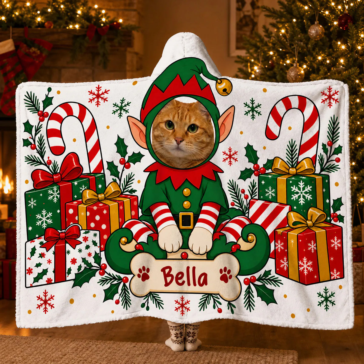 A Cozy Holiday Hug Made Just for Your Favorite Fur Baby - Personalized Hooded Blanket, Custom Pet Face Elf Gift For Pet Lovers