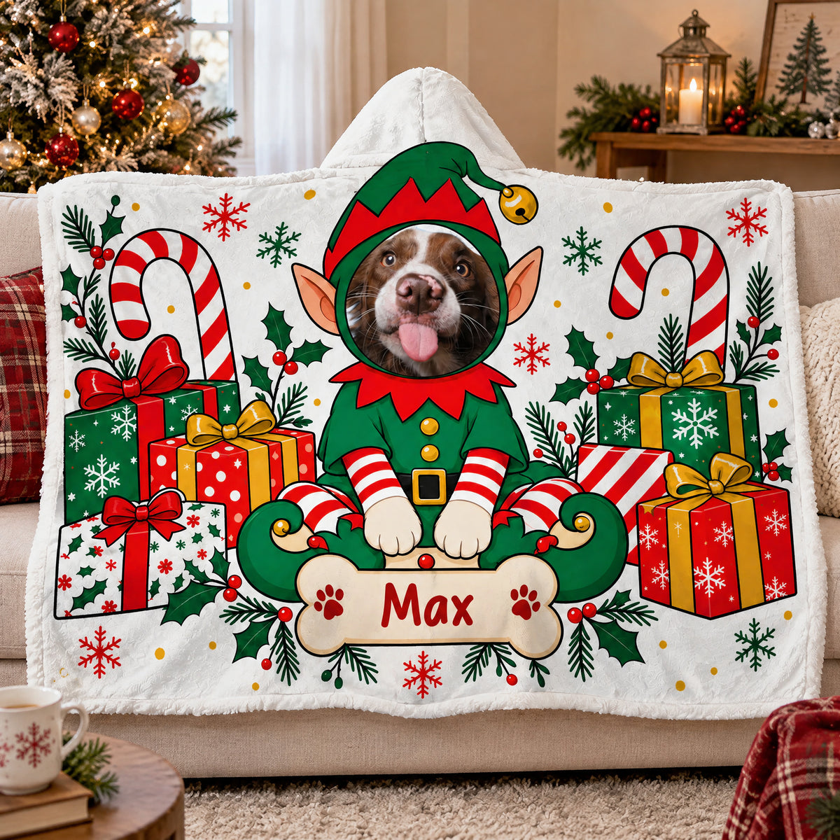 A Cozy Holiday Hug Made Just for Your Favorite Fur Baby - Personalized Hooded Blanket, Custom Pet Face Elf Gift For Pet Lovers