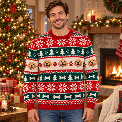 Personalized Pet Photo Christmas Sweater worn by a smiling man in front of a lit tree and fireplace