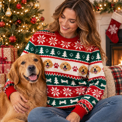 Personalized Pet Photo Christmas Sweater worn by a smiling woman hugging a golden dog near a Christmas tree
