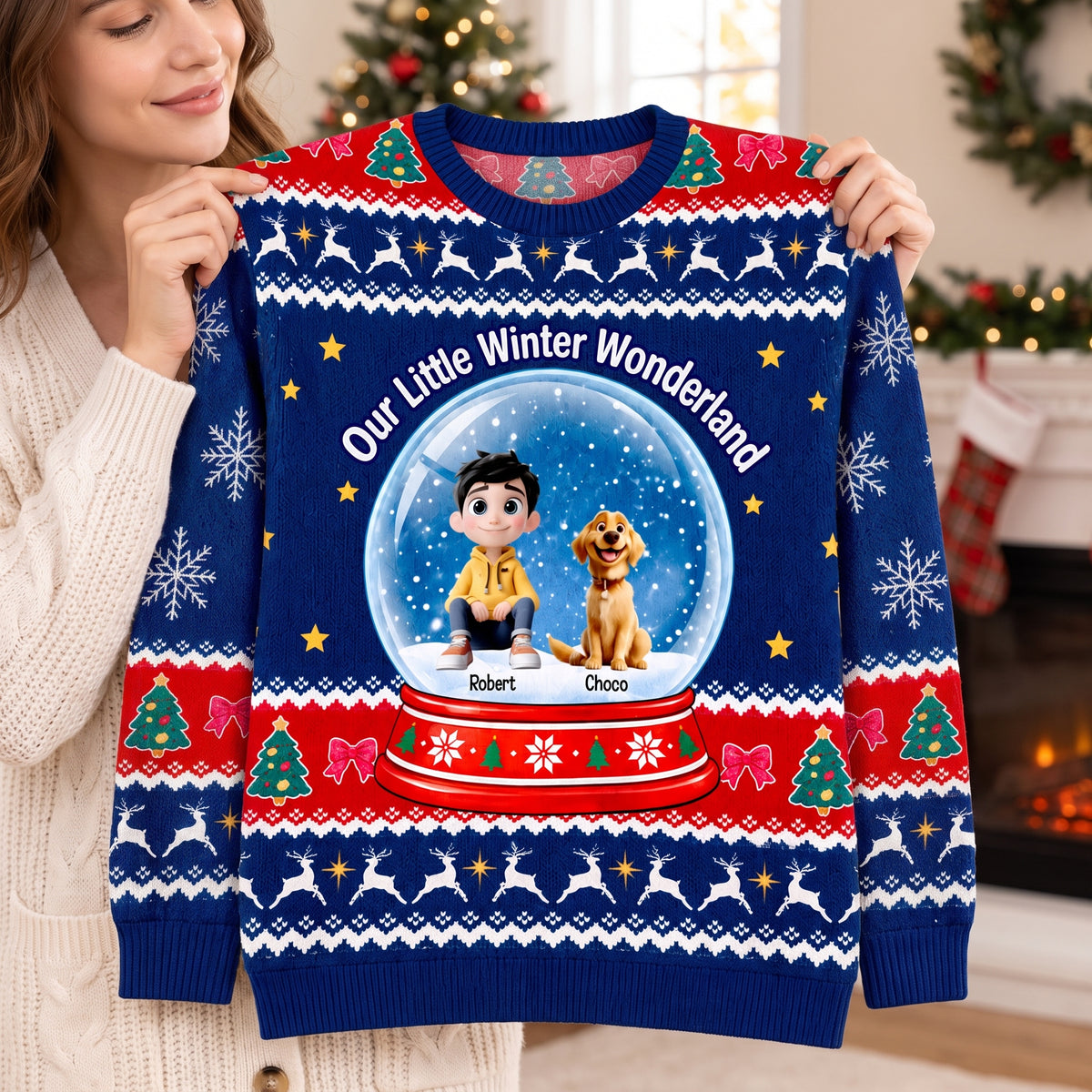 A Snow Globe Full of Christmas Joy - Personalized Wool Sweater, Cute Christmas Snow Globe Gift, Dog Lover Holiday Apparel, Ugly Sweater Party Outfit