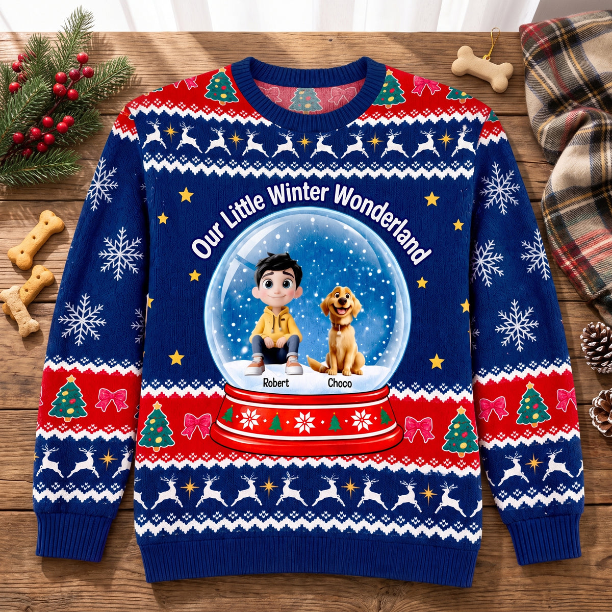 A Snow Globe Full of Christmas Joy - Personalized Wool Sweater, Cute Christmas Snow Globe Gift, Dog Lover Holiday Apparel, Ugly Sweater Party Outfit