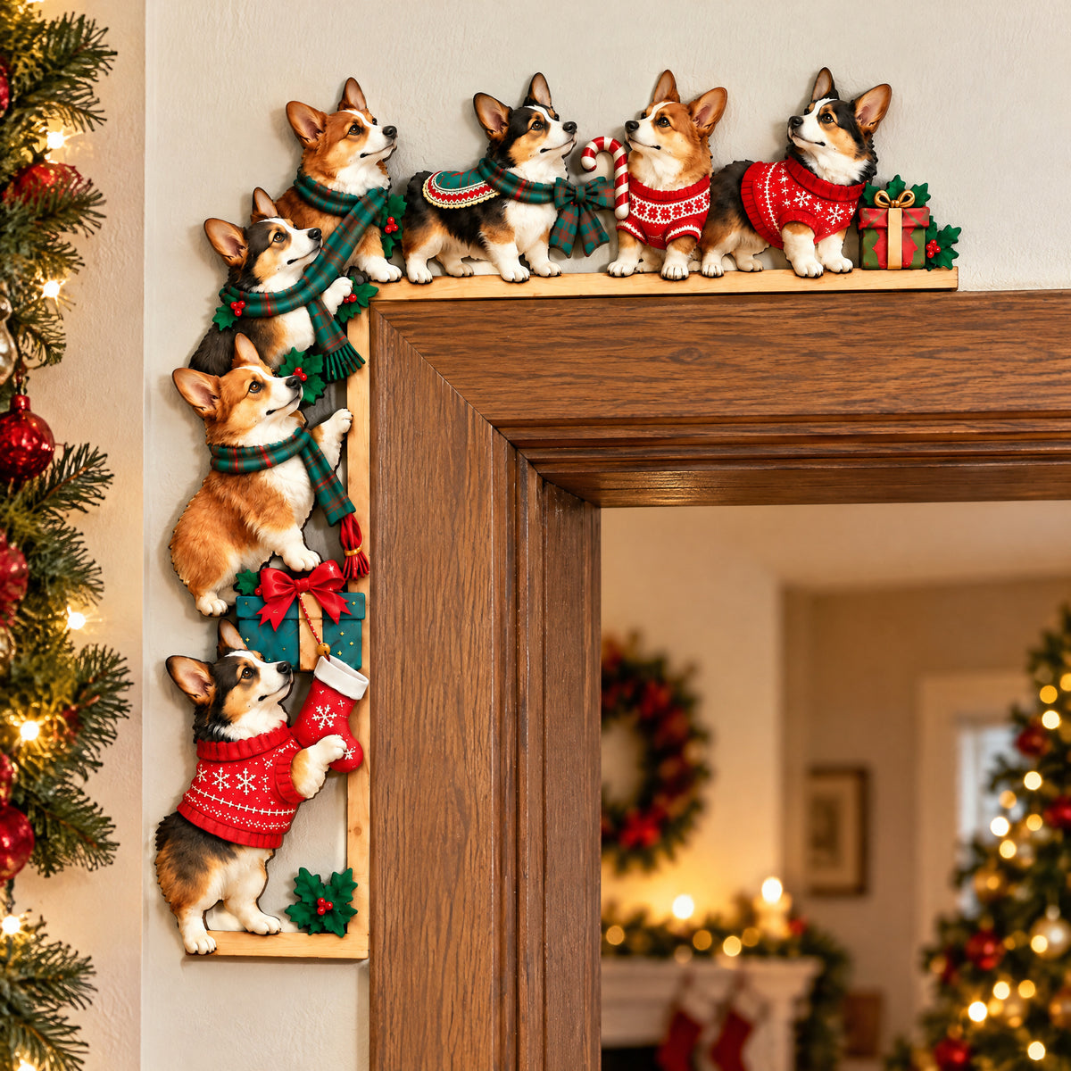 Corgi Christmas- Door Corner Wood Sign ( 1 layer), Festive Dog Door Frame Decor