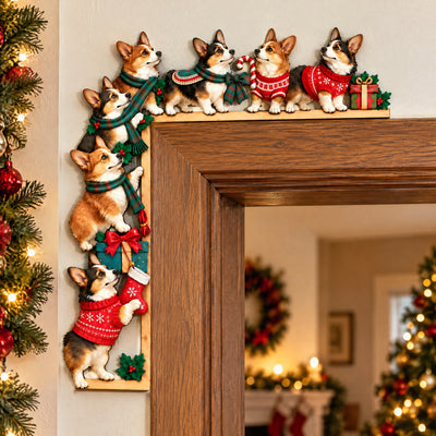 Corgi Christmas- Door Corner Wood Sign ( 1 layer), Festive Dog Door Frame Decor