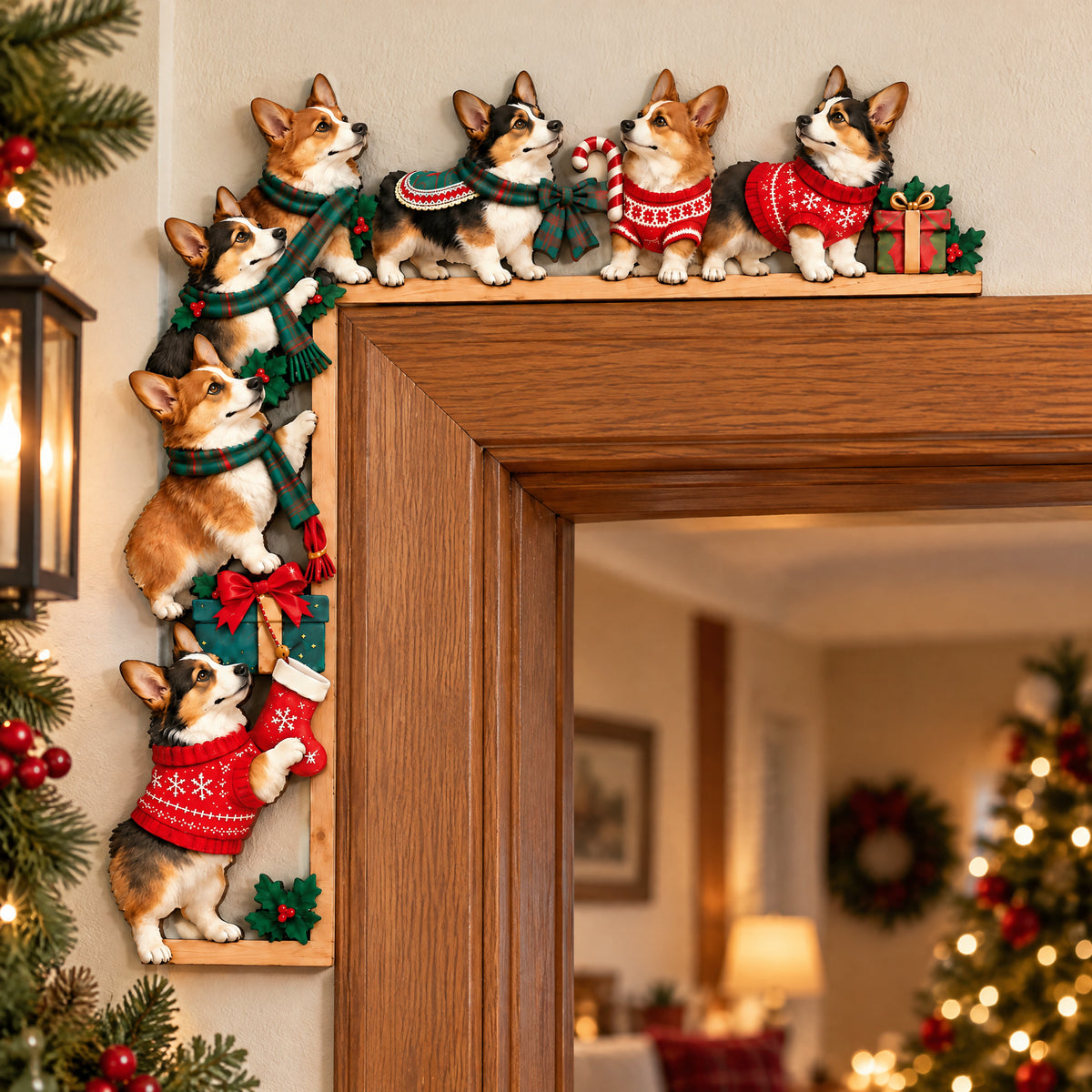 Corgi Christmas- Door Corner Wood Sign ( 1 layer), Festive Dog Door Frame Decor