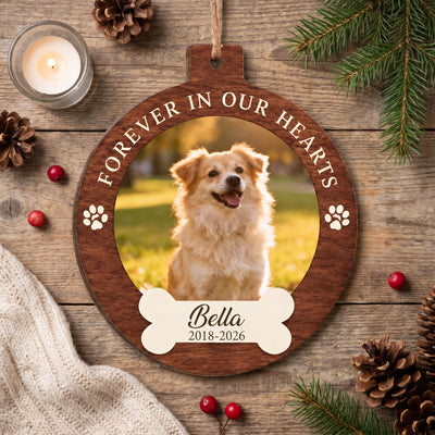 Your Pawprints Stay Forever - Personalized Wooden Ornament, Custom Pet Photo Memorial Ornament, Memorial Christmas Ornament