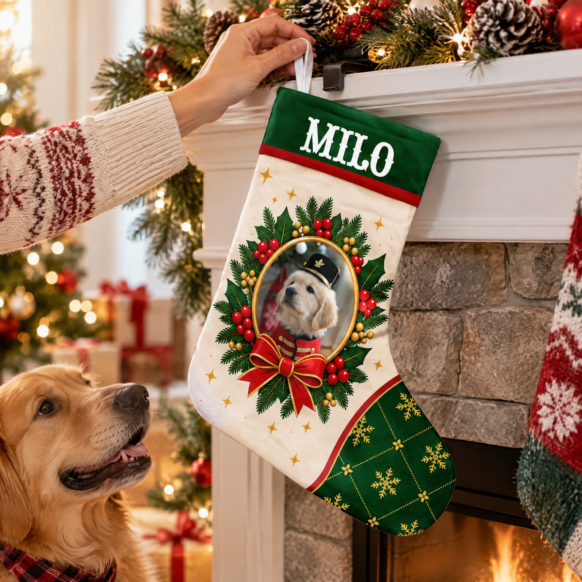 Folk Art Pet Wreath, Personalized Christmas Stocking, Custom Name And Photo, Christmas Gift For Dog Owner