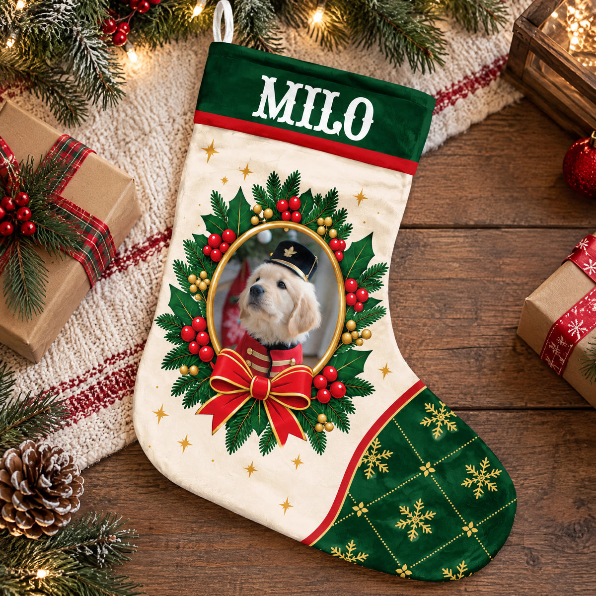 Folk Art Pet Wreath, Personalized Christmas Stocking, Custom Name And Photo, Christmas Gift For Dog Owner
