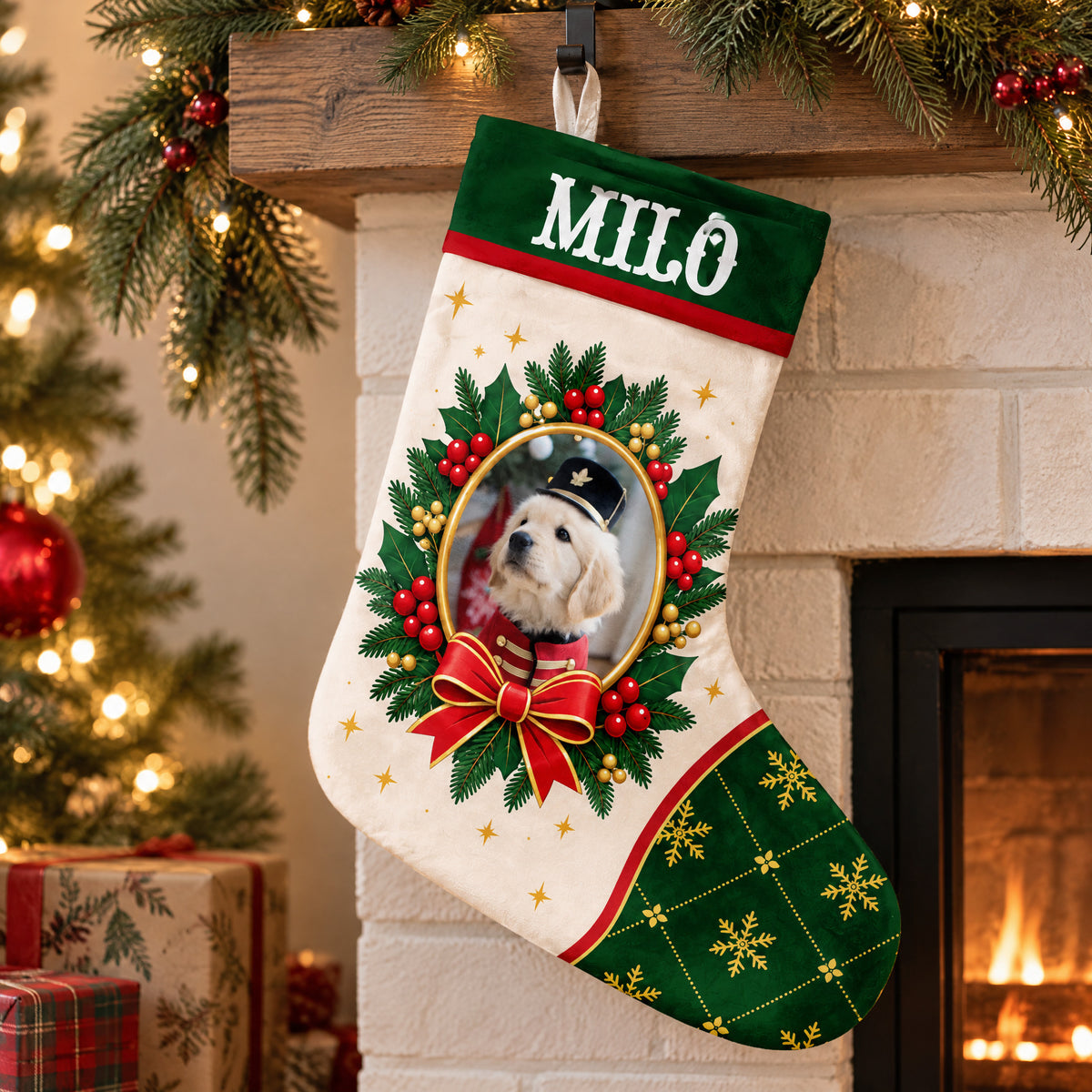 Folk Art Pet Wreath, Personalized Christmas Stocking, Custom Name And Photo, Christmas Gift For Dog Owner